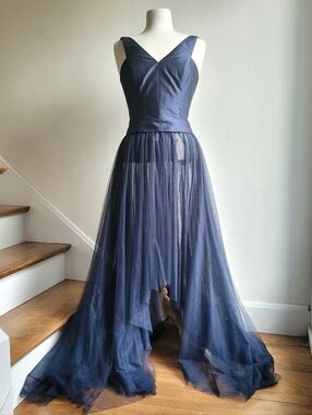 NWOT MONIQUE LHUILLIER Elegant Navy V-Neck Tulle Evening Skirt And Top 4 6